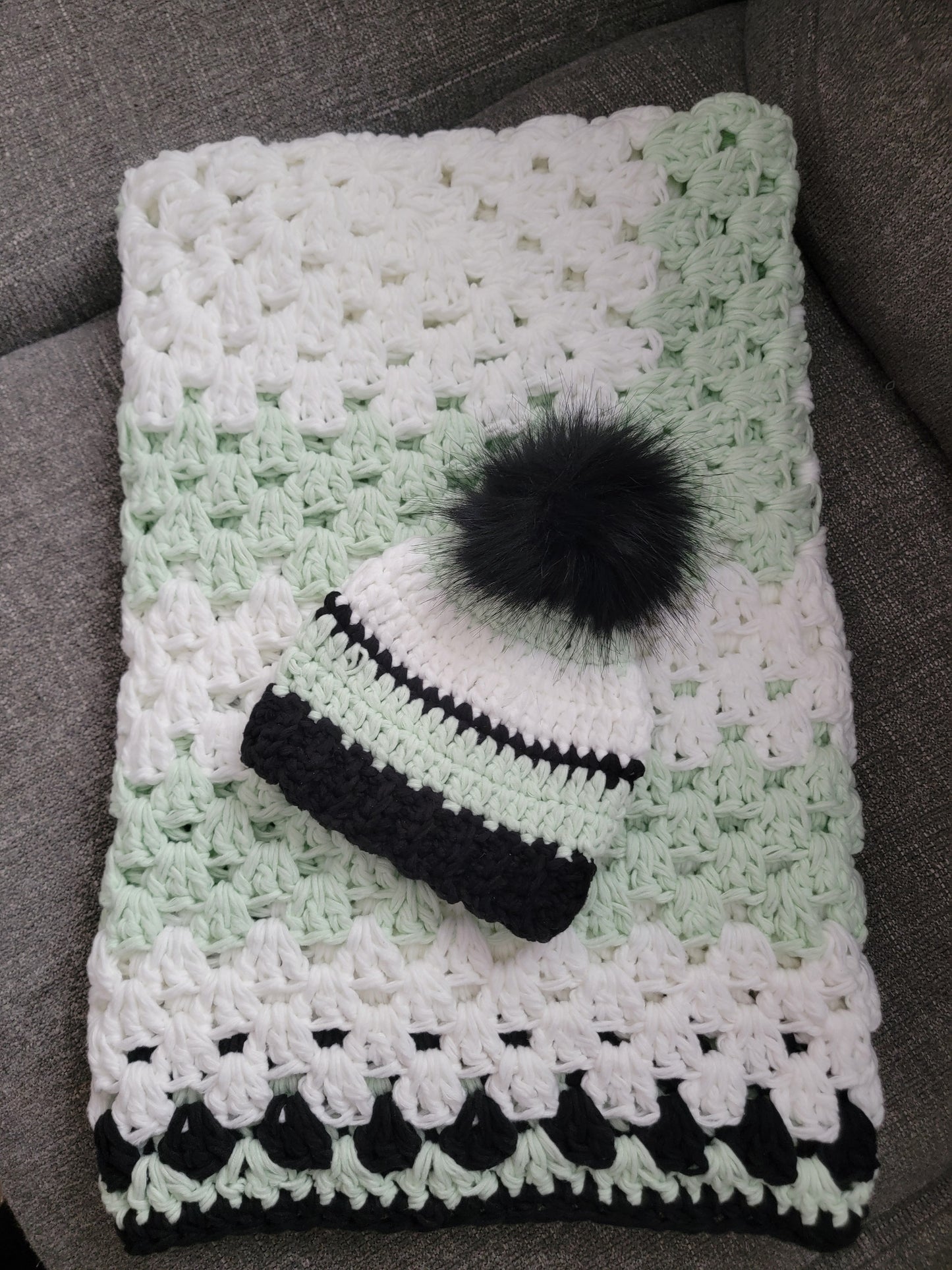 Hand Crochet Bay Blanket Mint green Multi with matching Hat