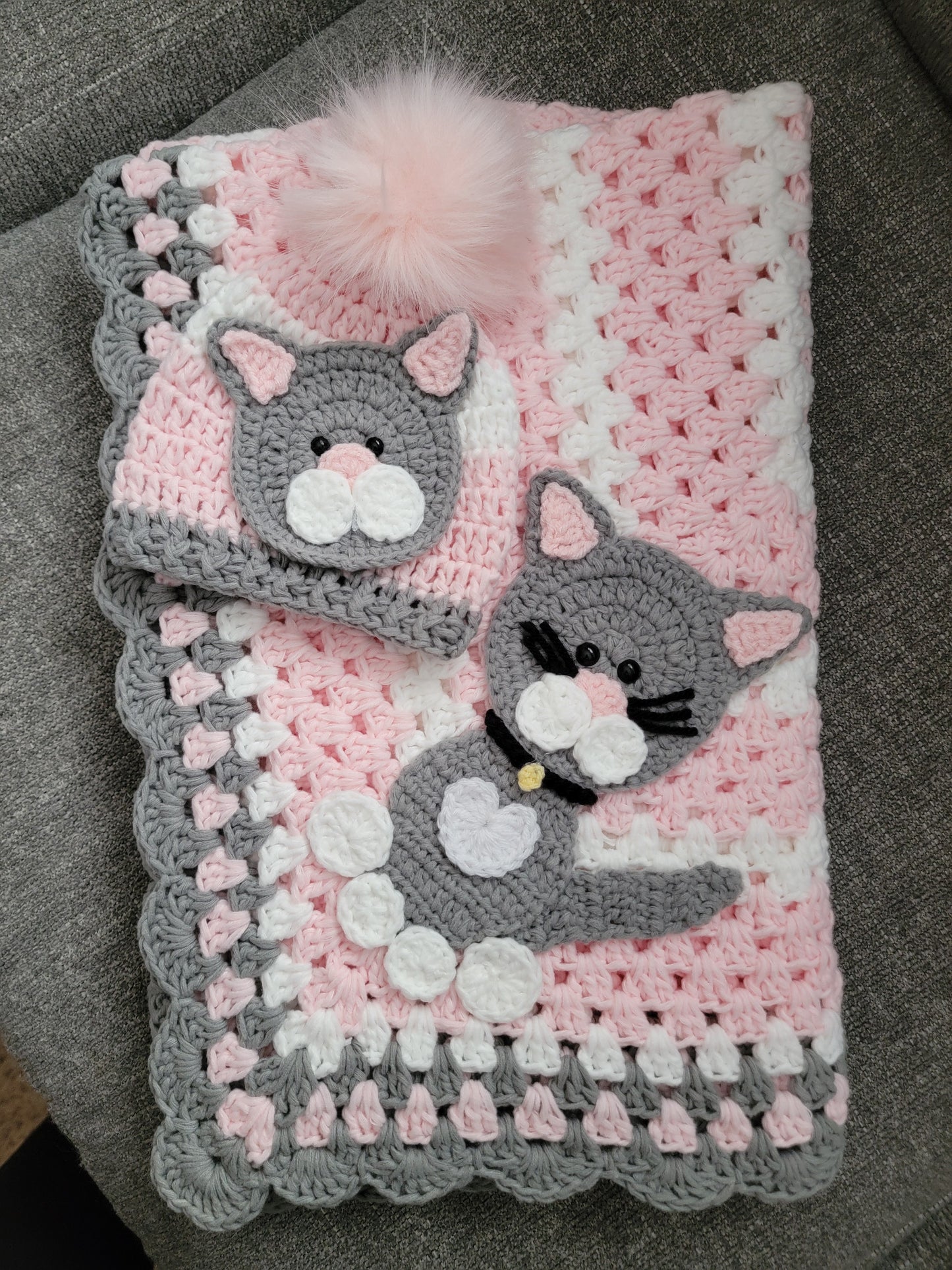 Hand Crochet Pink Kitty Baby Blanket & Matching Hat