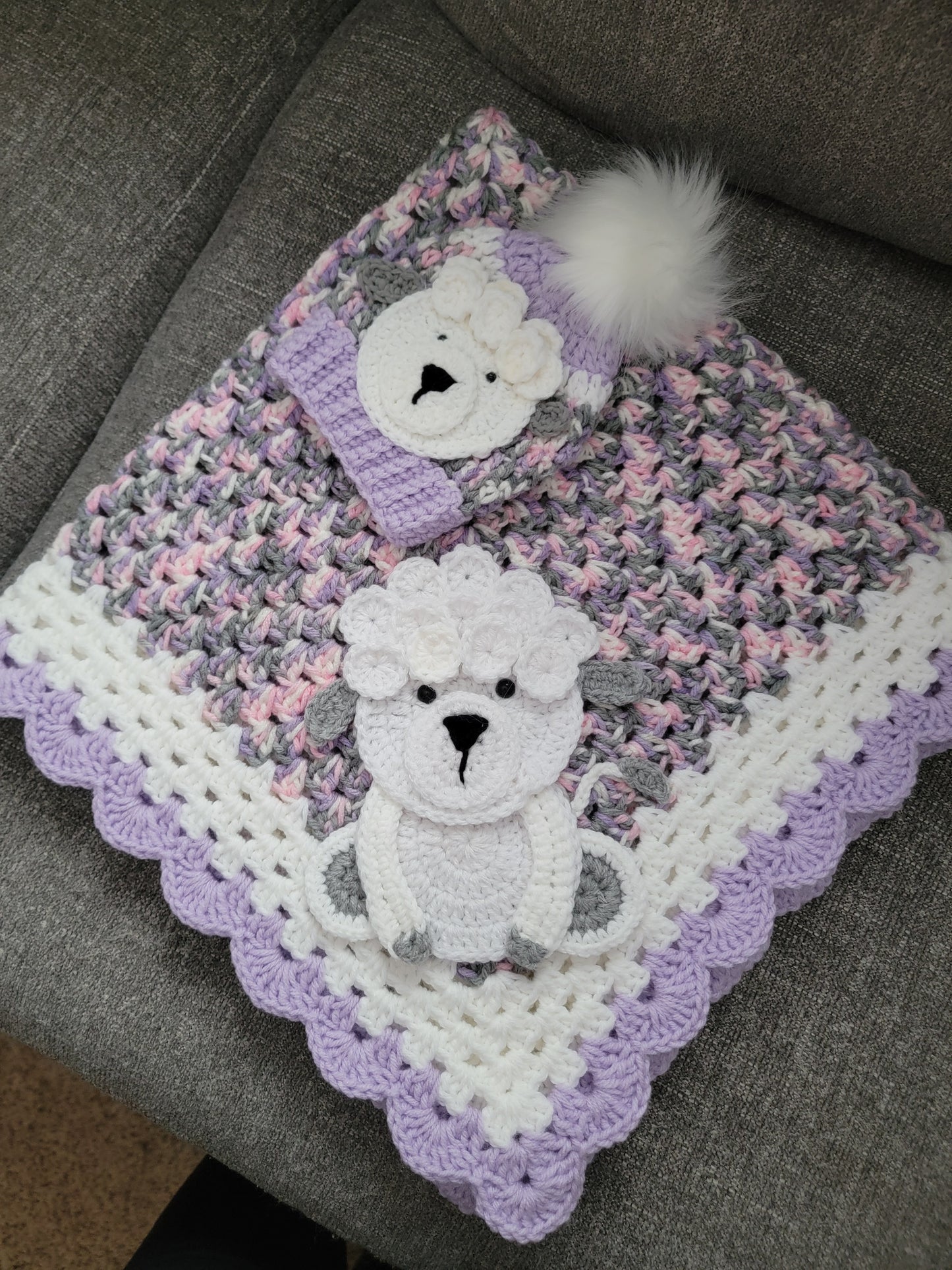 Hand Crochet Purple Multi Baby Blanket & Matching Hat