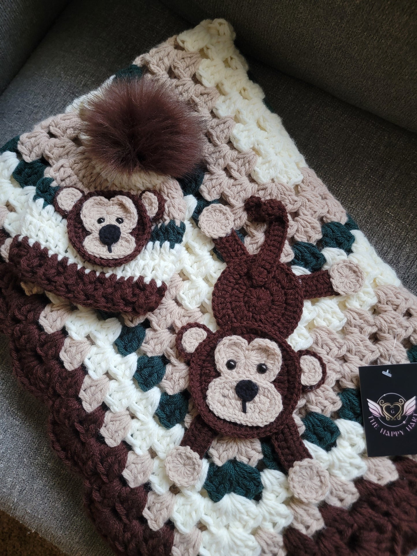 Hand Crochet Monkey Baby Blanket with Matching Hat