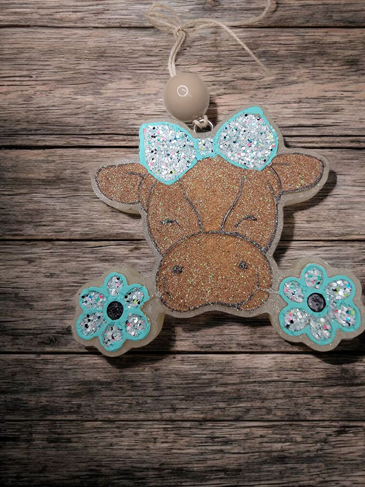 Cow with Flowers Teal Car Freshie