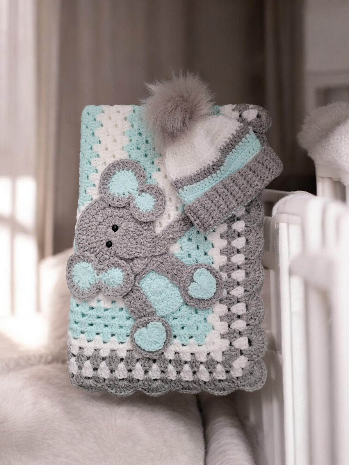 Hand Crochet Elephant Baby Blanket and Matching Hat