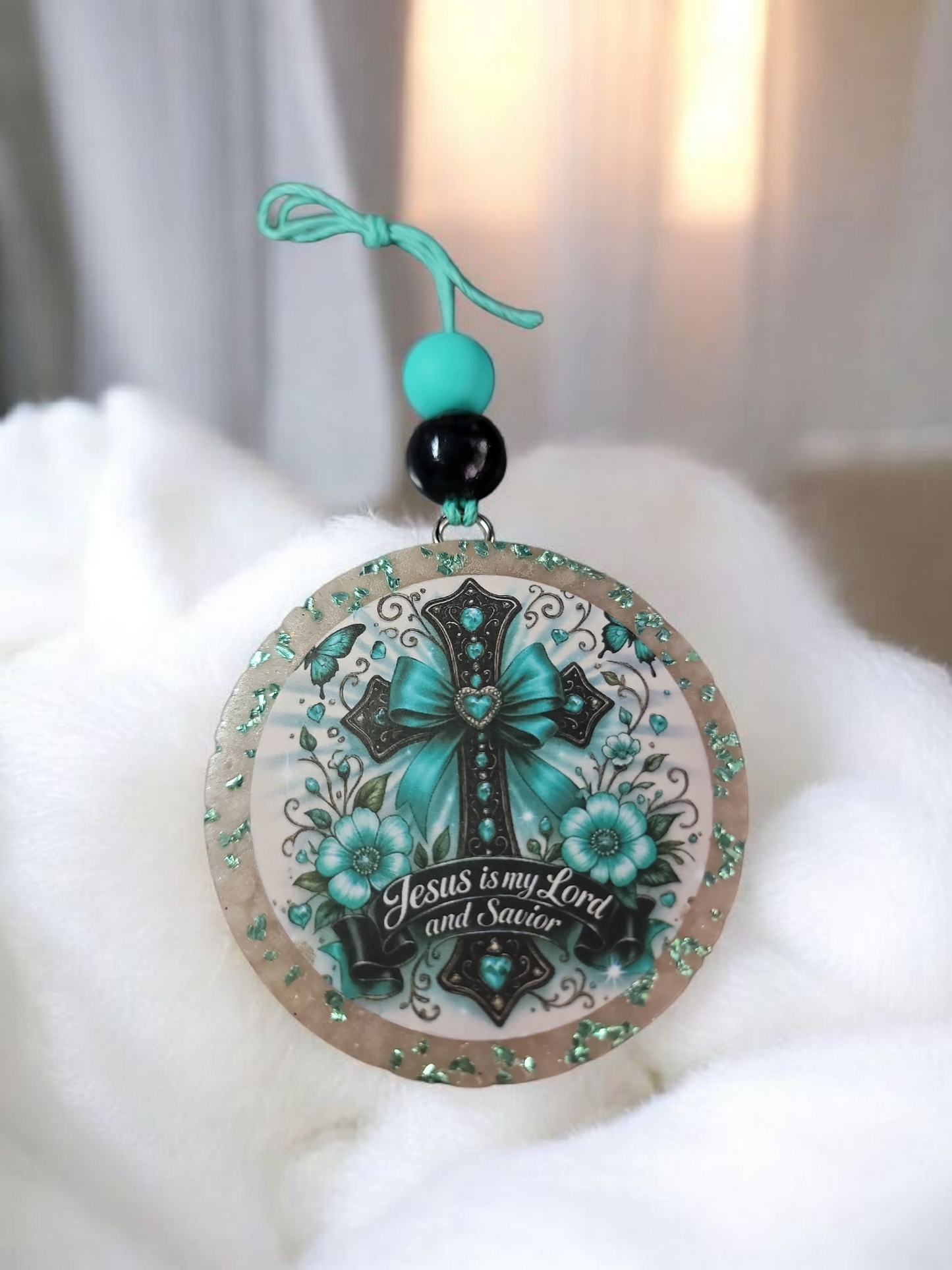 Teal & Black Cross Jesus Car Freshie