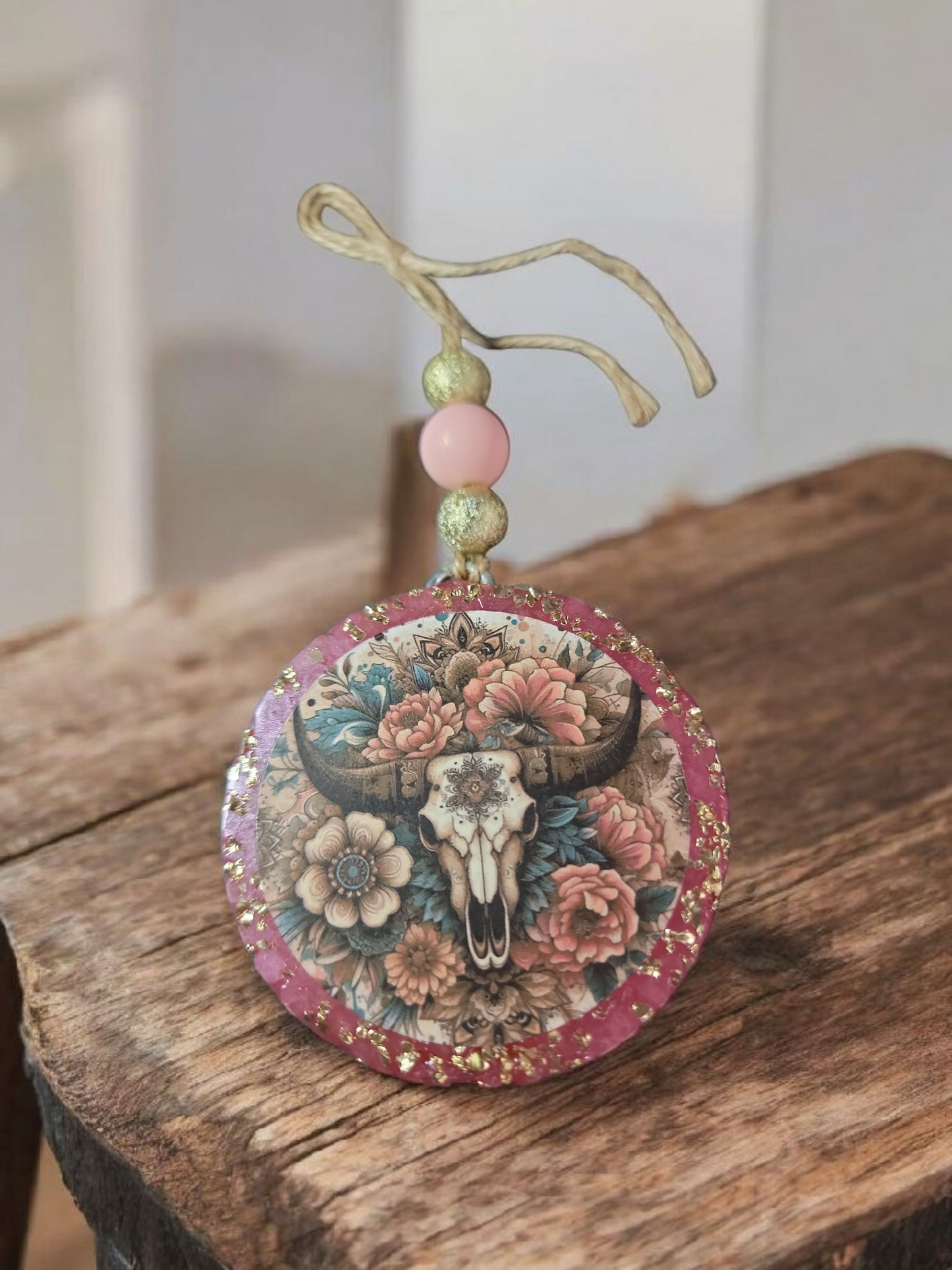 Longhorn Skull Pink Flowers Car Freshie