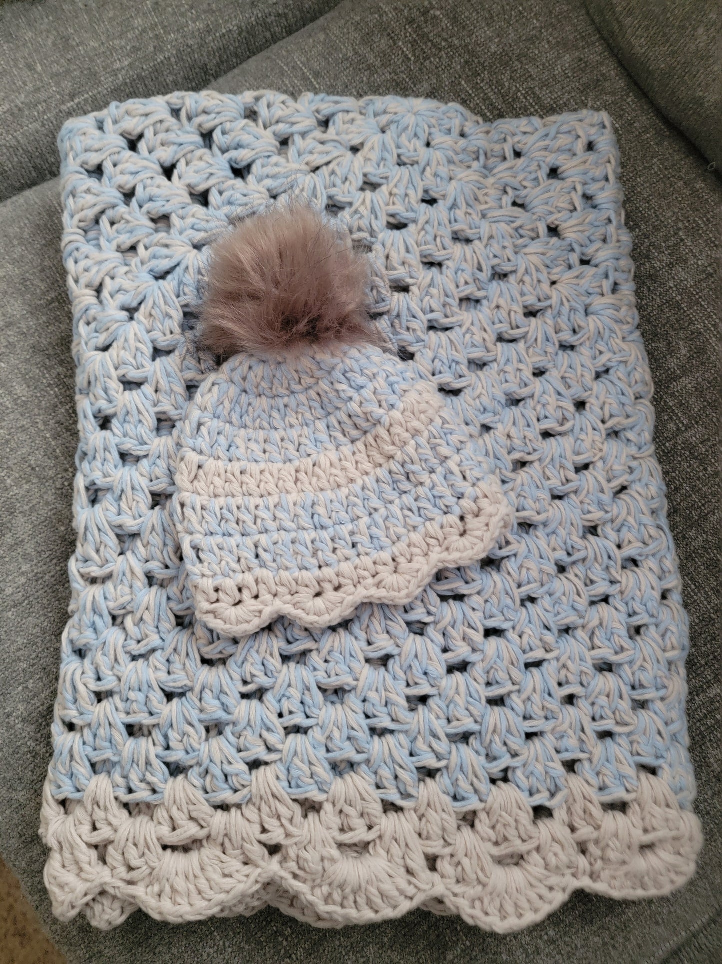 Hand Crochet Baby Blanket Light Blue & Tan with matching Hat
