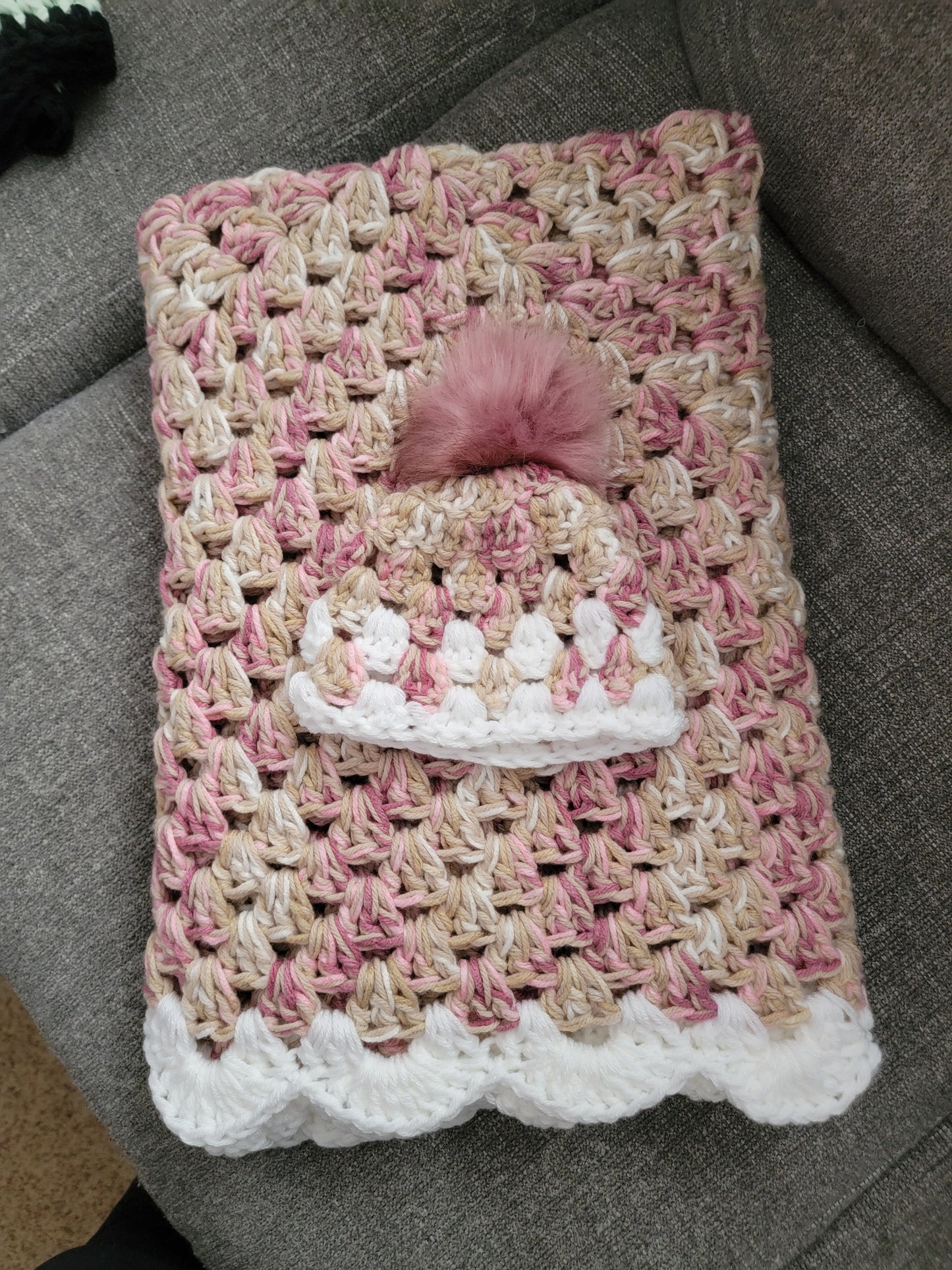 Crochet Baby Blanket Pink Multi with matching Hat