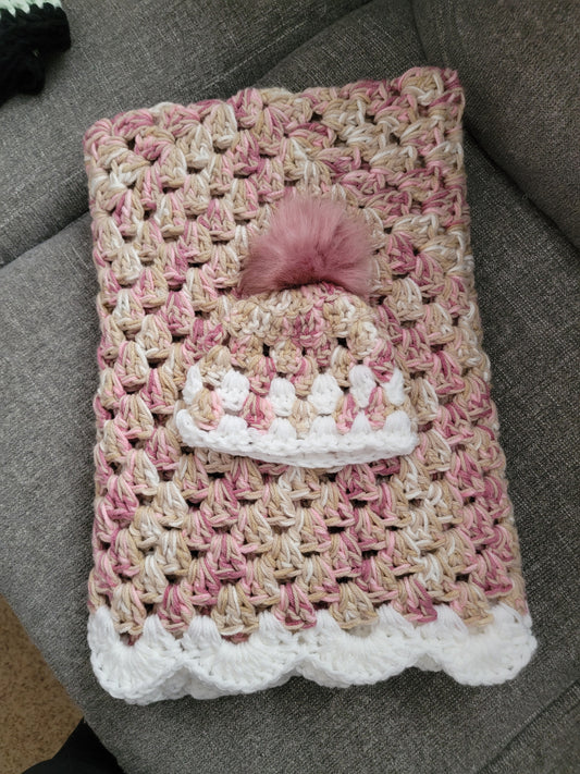 Crochet Baby Blanket Pink Multi with matching Hat