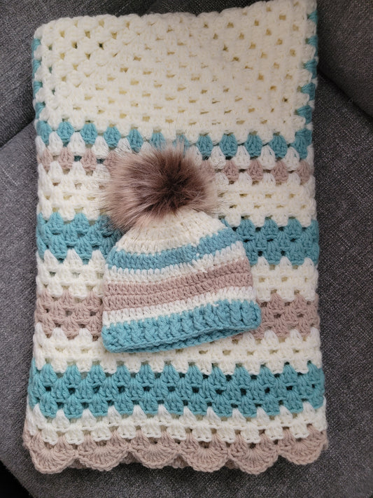 Hand Crochet Tan Multi Baby Blanket & Matching Hat