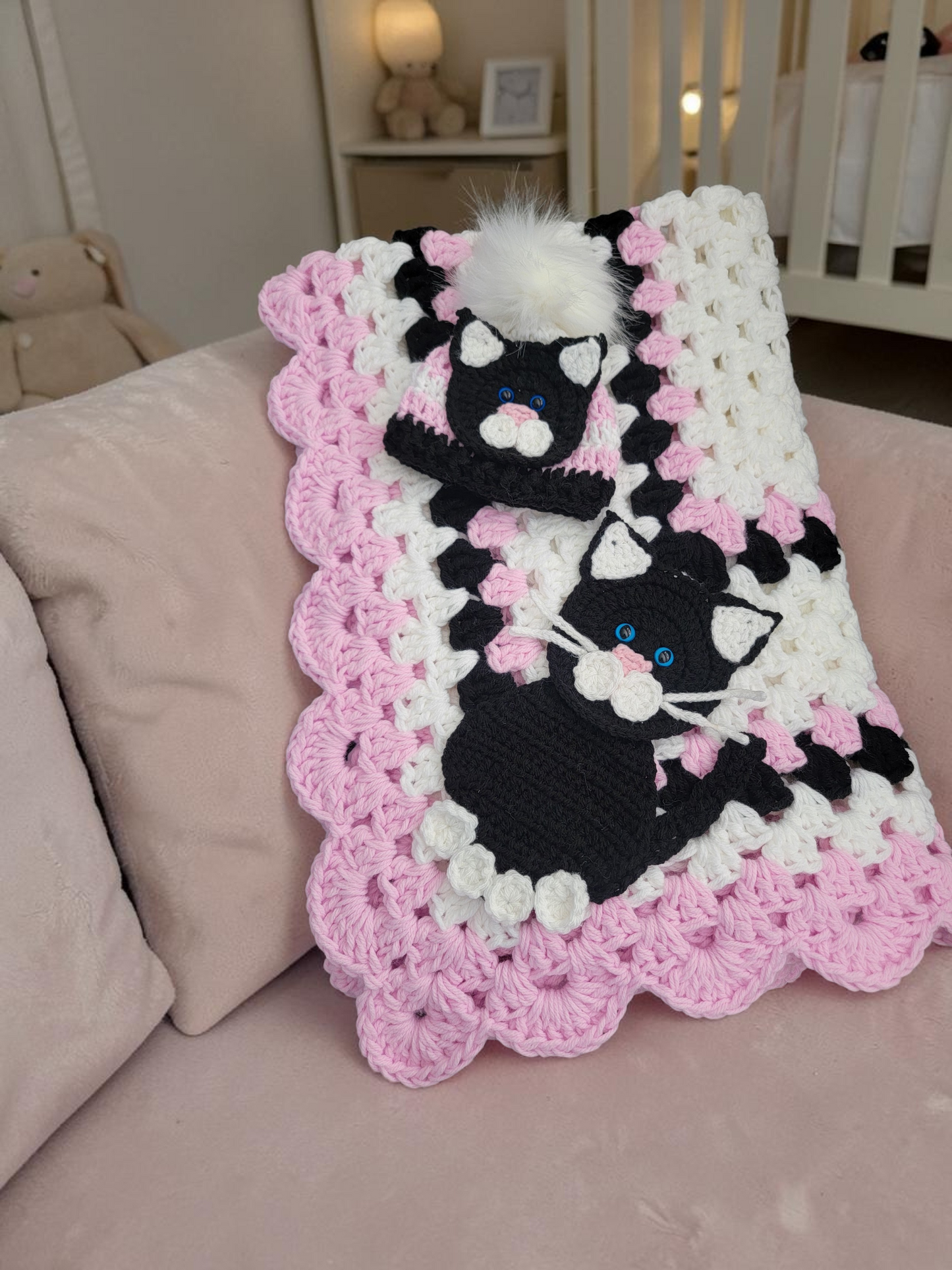 Hand Crochet Pink & Black Kitty Baby Blanket with Matching Hat