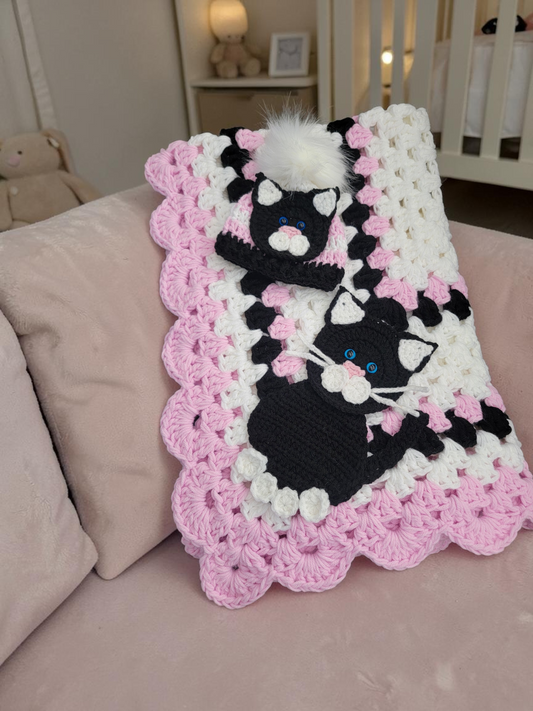 Hand Crochet Pink & Black Kitty Baby Blanket with Matching Hat