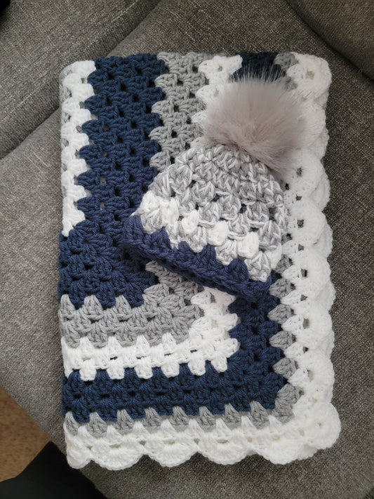 Hand Crochet Baby Blanket Navy & Matching Hat